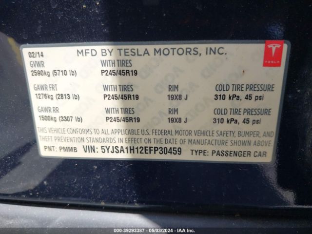 5YJSA1H12EFP30459 Tesla Model S P85