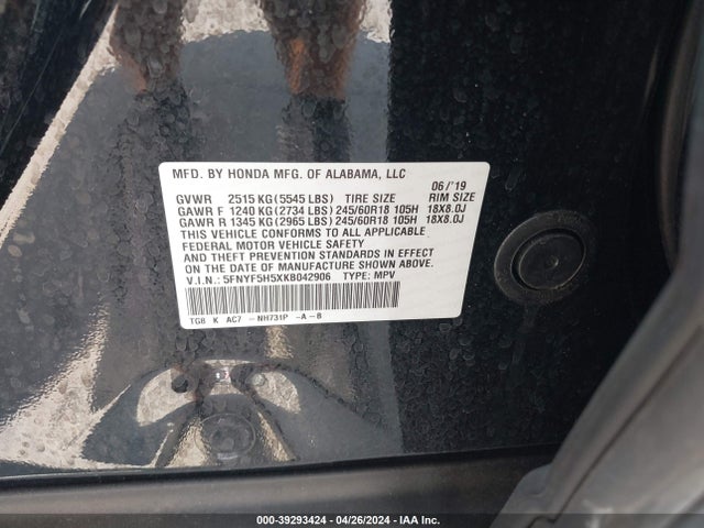 Honda Pilot Ex-l 2019 5FNYF5H5XKB042906 Image 9