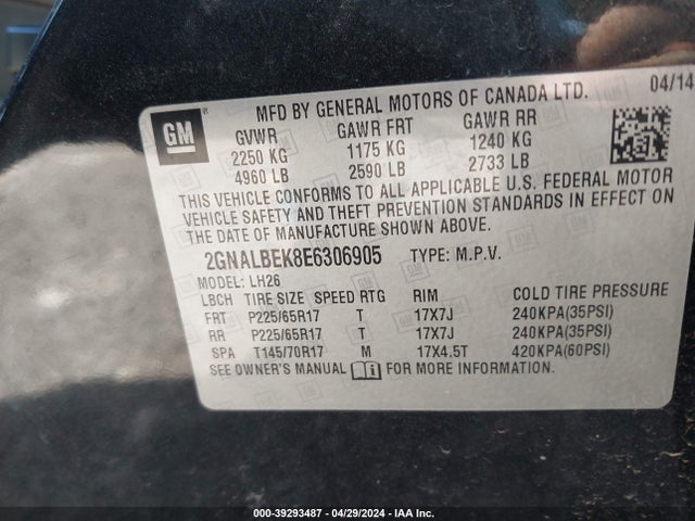 Chevrolet EQUINOX 1LT 2014 2GNALBEK8E6306905 Image 9