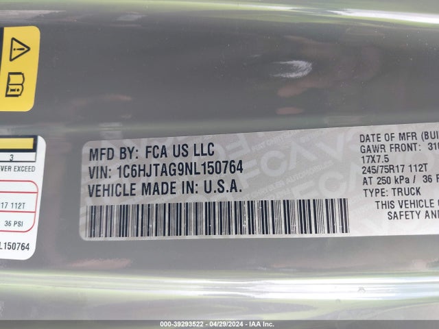 1C6HJTAG9NL150764 Jeep Gladiator Sport S 4x4