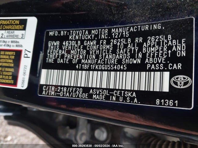 Toyota CAMRY SE 2016 4T1BF1FK0GU554045 Image 9