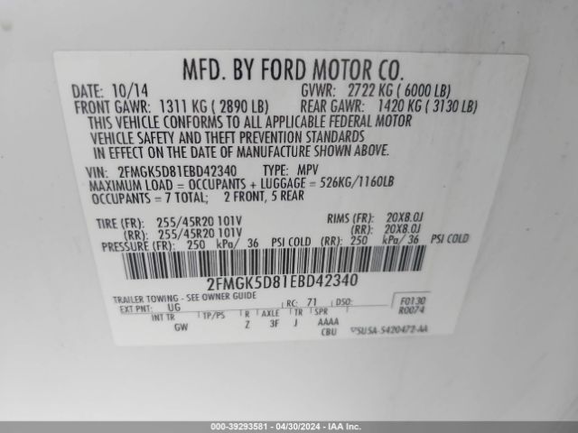 2FMGK5D81EBD42340 Ford Flex Limited
