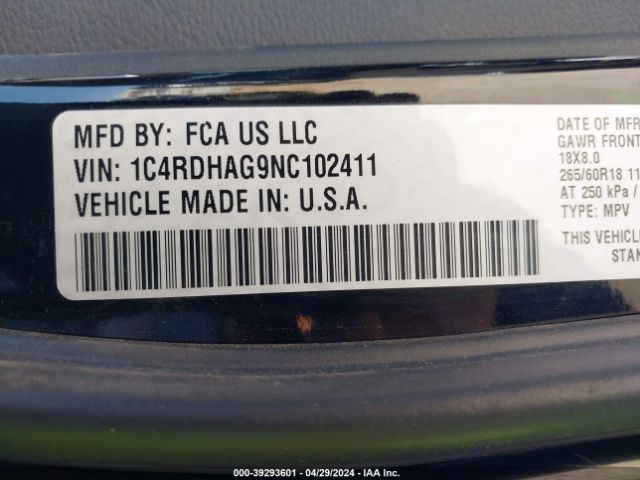 1C4RDHAG9NC102411 Dodge Durango Sxt Rwd