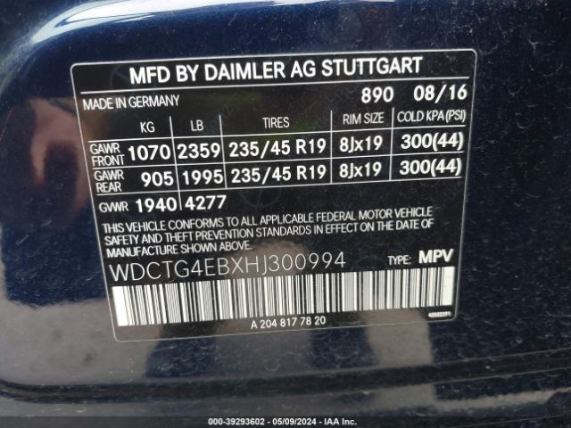 WDCTG4EBXHJ300994 Mercedes-Benz GLA 250