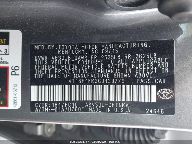 Toyota CAMRY LE 2016 4T1BF1FK3GU138779 Image 9