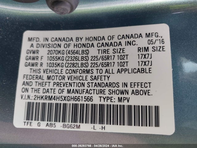 Honda CR-V EX 2016 2HKRM4H5XGH661566 Image 9