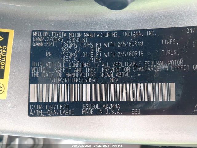 Toyota Highlander Xle 2019 5TDKZRFH4KS558949 Image 9