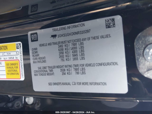 1GKS1GKD0NR310297 GMC Yukon Xl 2wd Slt