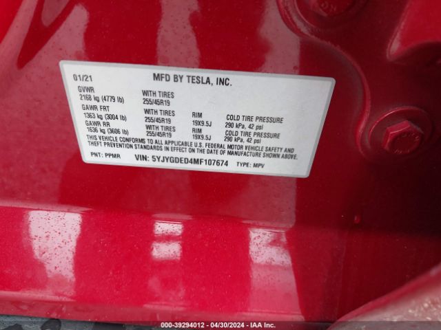 5YJYGDED4MF107674 Tesla Model Y Standard Range Rear-wheel Drive
