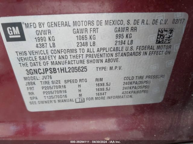 3GNCJPSB1HL205625 Chevrolet Trax Lt