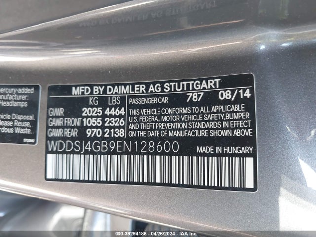 39294186 :رقم المزاد ، WDDSJ4GB9EN128600 vin ، 2014 Mercedes-benz Cla 250 4matic مزاد بيع