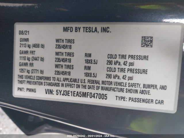 5YJ3E1EA5MF047005 Tesla Model 3 Standard Range Plus Rear-wheel Drive