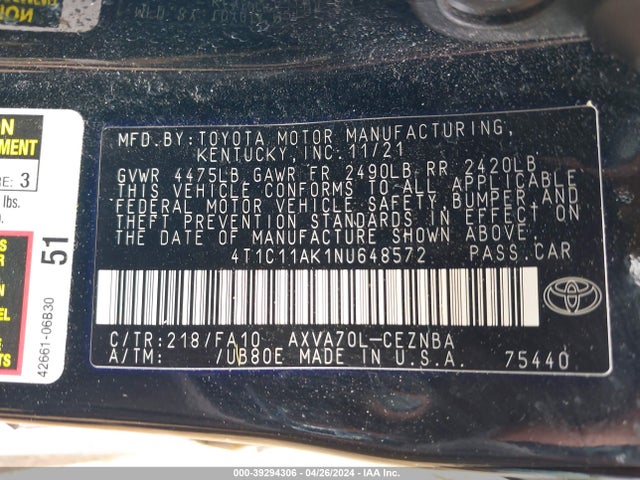 Toyota CAMRY LE 2022 4T1C11AK1NU648572 Image 9