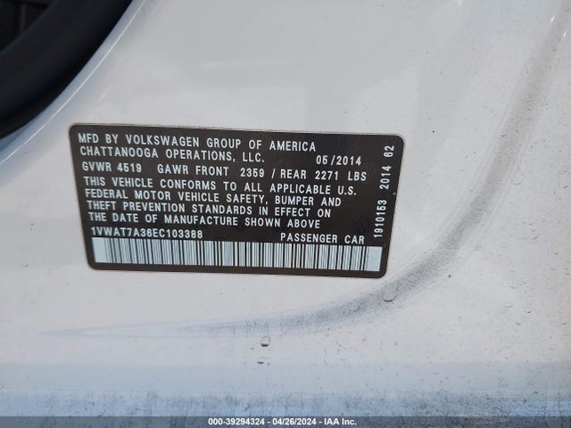 1VWAT7A36EC103388 Volkswagen Passat 1.8t S
