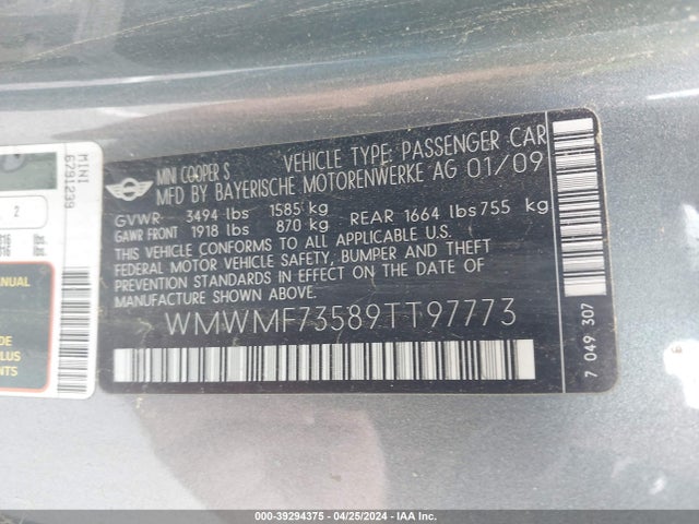2009 MINI COOPER S WMWMF73589TT97773 Photo 8