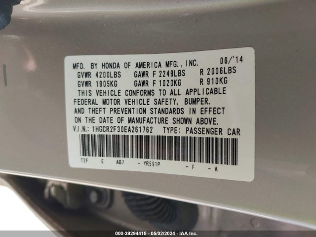 Honda ACCORD LX 2014 1HGCR2F30EA261762 Image 9