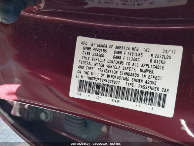 1HGCR3F02HA028837 Honda Accord Ex-l V6