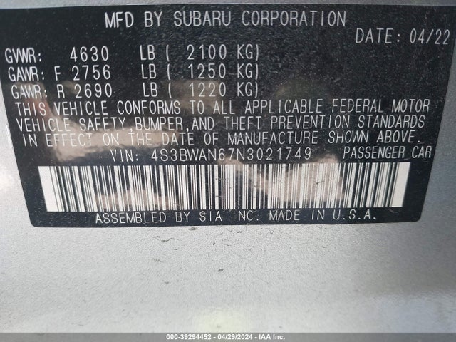 4S3BWAN67N3021749 Subaru Legacy Limited