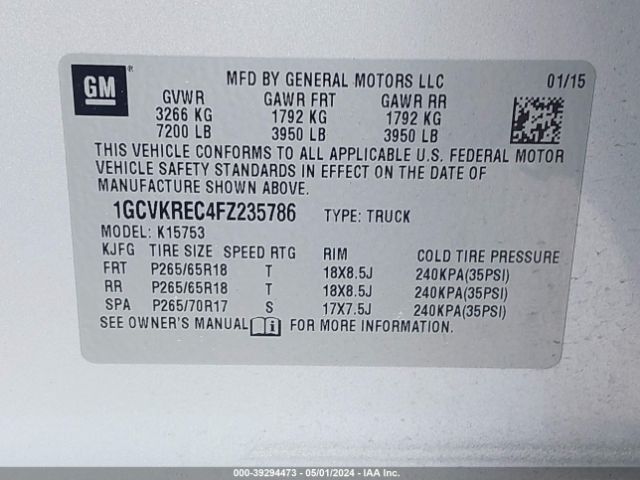 1GCVKREC4FZ235786 Chevrolet Silverado 1500 2lt