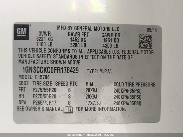 Chevrolet Tahoe Ltz 2015 1GNSCCKC0FR178429 Image 9