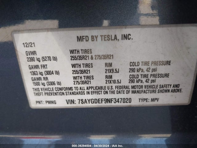 7SAYGDEF9NF347020 Tesla Model Y Performance Dual Motor All-wheel Drive