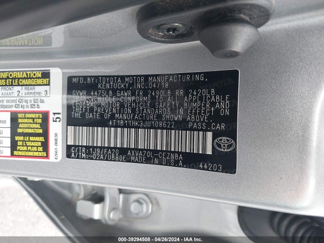 Toyota CAMRY LE 2018 4T1B11HK3JU108622 Image 9