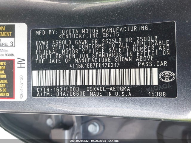 Toyota AVALON XLE 2015 4T1BK1EB7FU176317 Image 9