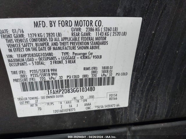 Ford TAURUS SE 2016 1FAHP2D83GG103480 Image 9