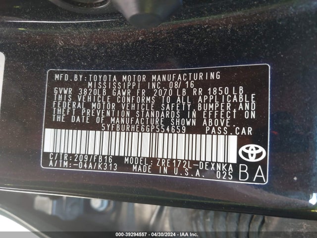 Toyota COROLLA LE 2016 5YFBURHE6GP554659 Image 9