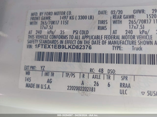Ford F-150 Xl 2020 1FTEX1EB9LKD82376 Image 9