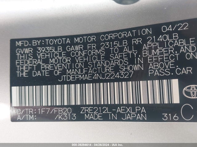Toyota COROLLA LE 2022 JTDEPMAE4NJ224327 Image 9