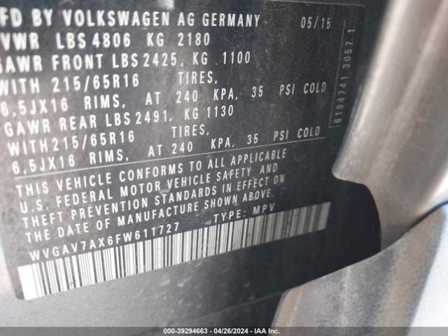 WVGAV7AX6FW611727 Volkswagen TIGUAN S