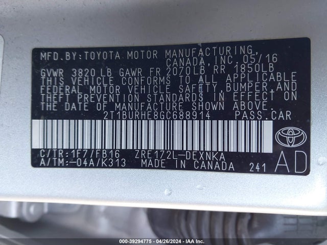 Toyota COROLLA LE 2016 2T1BURHE8GC688914 Image 9