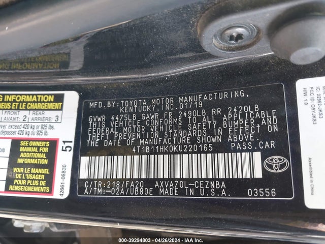 Toyota CAMRY LE 2019 4T1B11HK0KU220165 Image 9