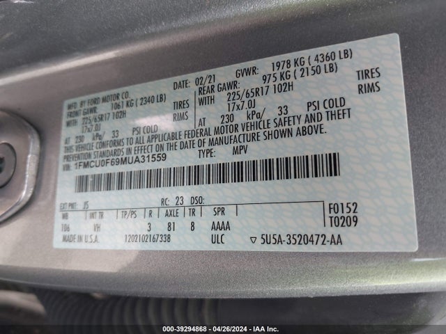 Ford ESCAPE S 2021 1FMCU0F69MUA31559 Image 9