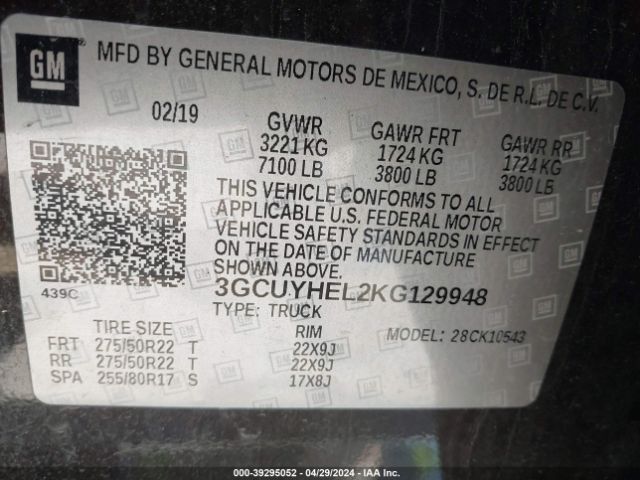 3GCUYHEL2KG129948 Chevrolet Silverado 1500 High Country
