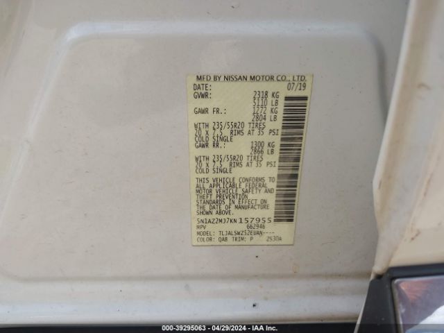 5N1AZ2MJ7KN157955 Nissan Murano Platinum