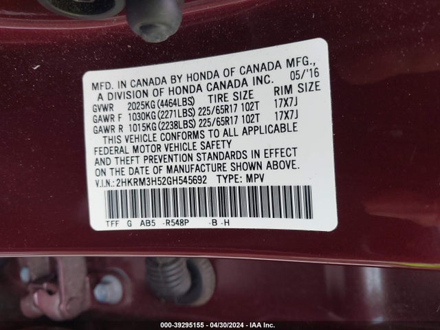 Honda CR-V EX 2016 2HKRM3H52GH545692 Image 9