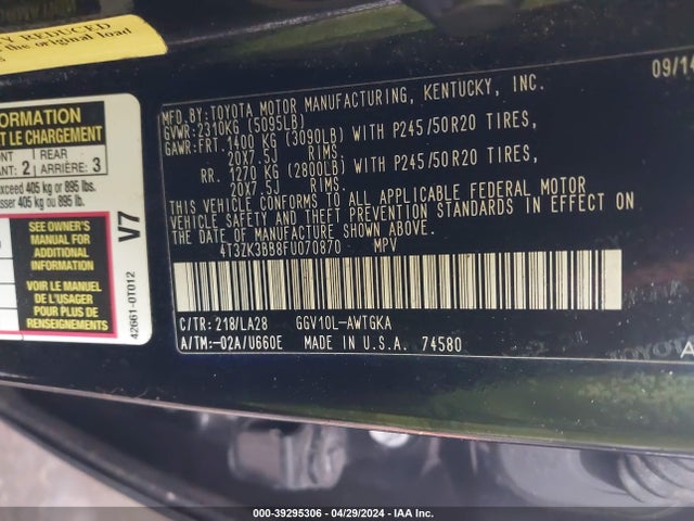 Toyota Venza Xle V6 2015 4T3ZK3BB8FU070870 Image 9