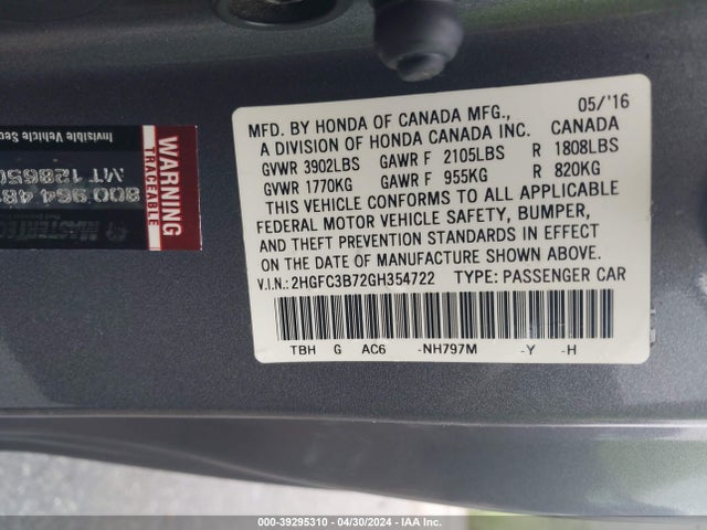 Honda Civic Ex-l 2016 2HGFC3B72GH354722 Image 9