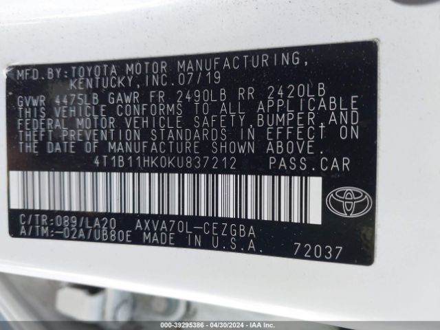 4T1B11HK0KU837212 Toyota CAMRY XLE