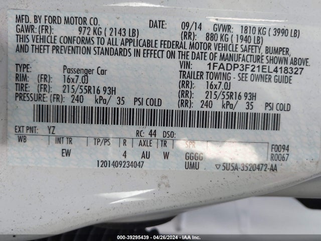 Ford FOCUS SE 2014 1FADP3F21EL418327 Image 9