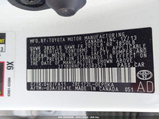 2T1BURHE7EC083571 Toyota COROLLA L