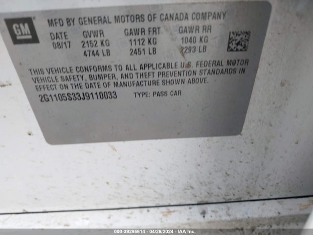 Chevrolet IMPALA 1LT 2018 2G1105S33J9110033 Image 9