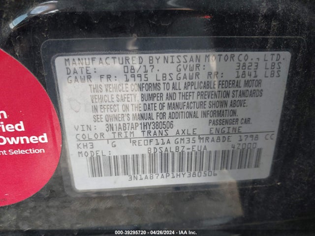 Nissan SENTRA S 2017 3N1AB7AP1HY380506 Image 9