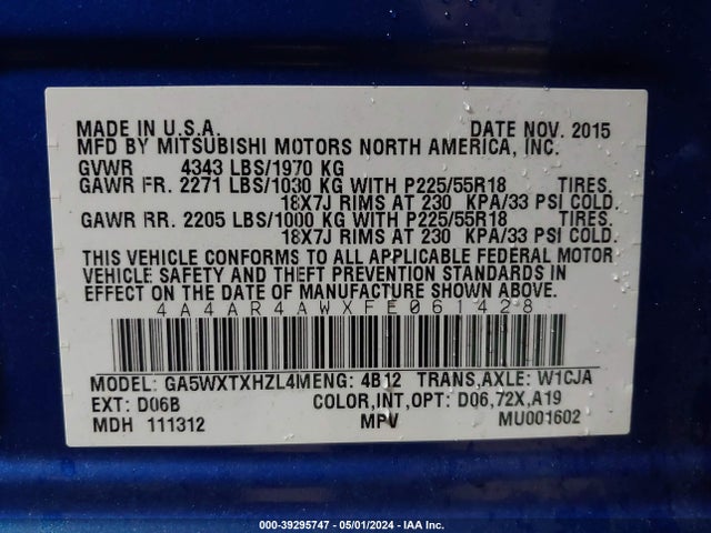 4A4AR4AWXFE061428 Mitsubishi Outlander Sport Gt