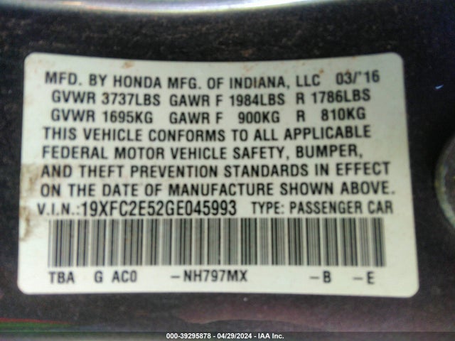 Honda Civic Lx 2016 19XFC2E52GE045993 Image 9