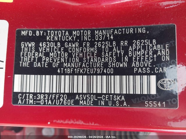 Toyota CAMRY SE 2014 4T1BF1FK7EU797400 Image 9