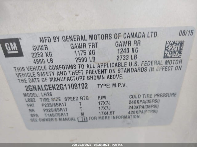 Chevrolet EQUINOX LT 2016 2GNALCEK2G1108102 Image 9