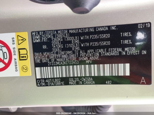 2T2ZZMCA2KC133453 Lexus RX 350